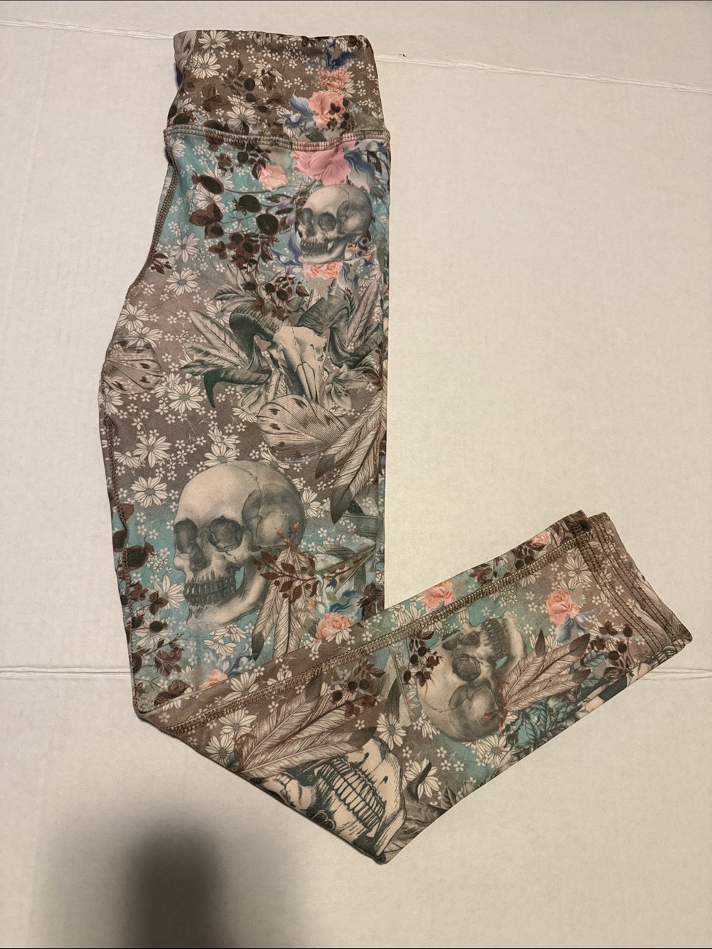 Evolution and Creation Taupe, Teal & Pink Skull Floral Leggings